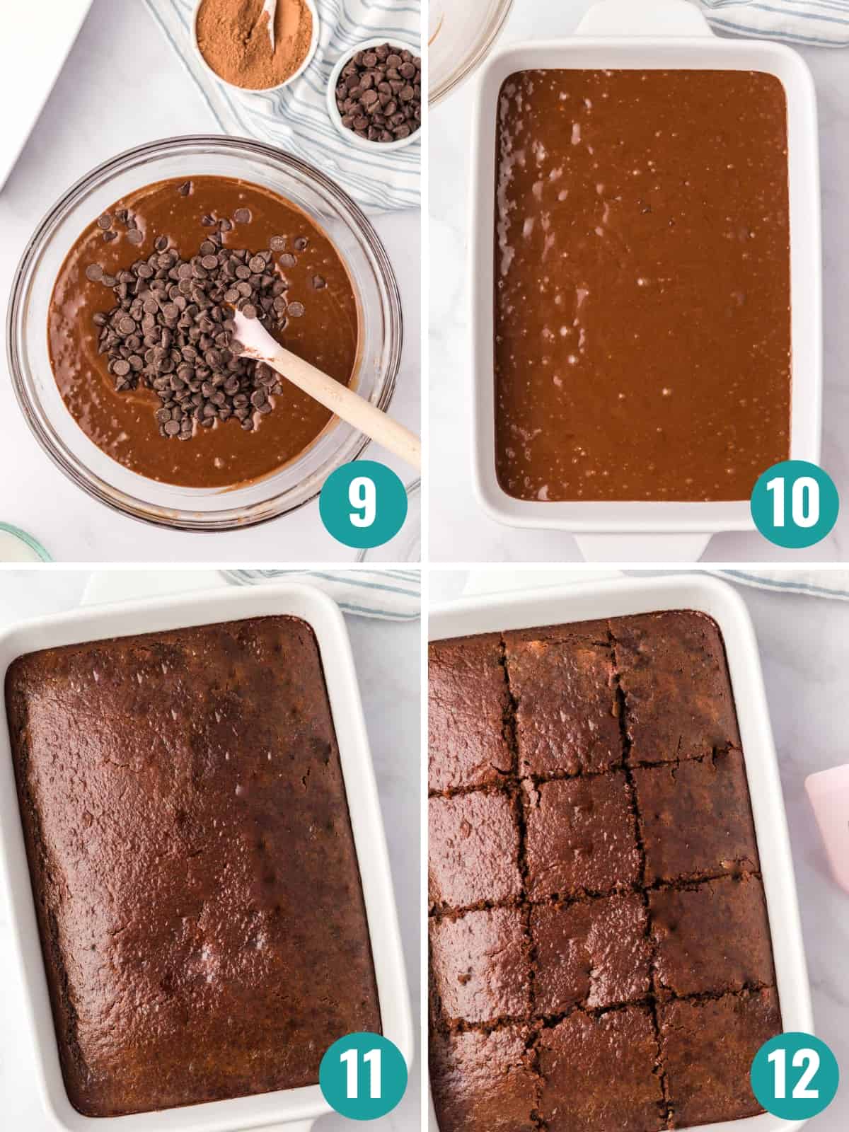 Step-by-step collage images show folding in chocolate chips, pouring batter into a baking dish, brownies after baking, and cutting brownies in the pan.