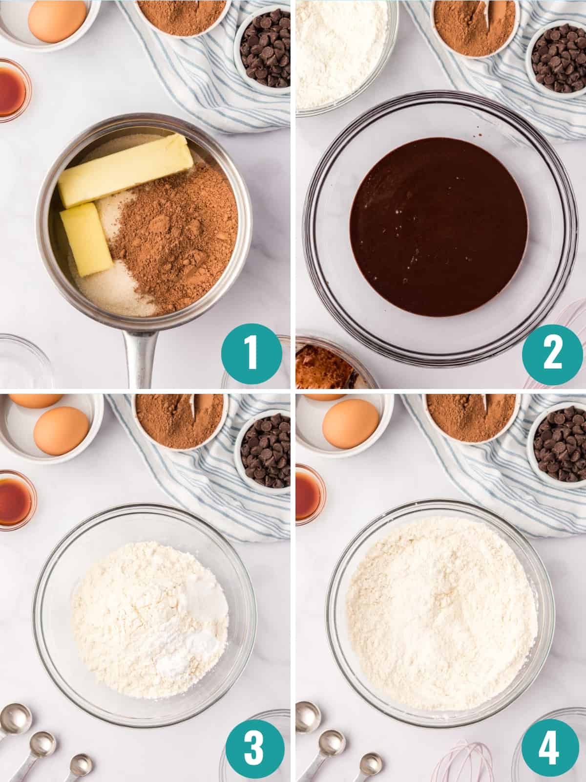 Step-by-step collage images show melting butter and cocoa mixture, pouring into a bowl, adding dry ingredients into a bowl, and mixing them.
