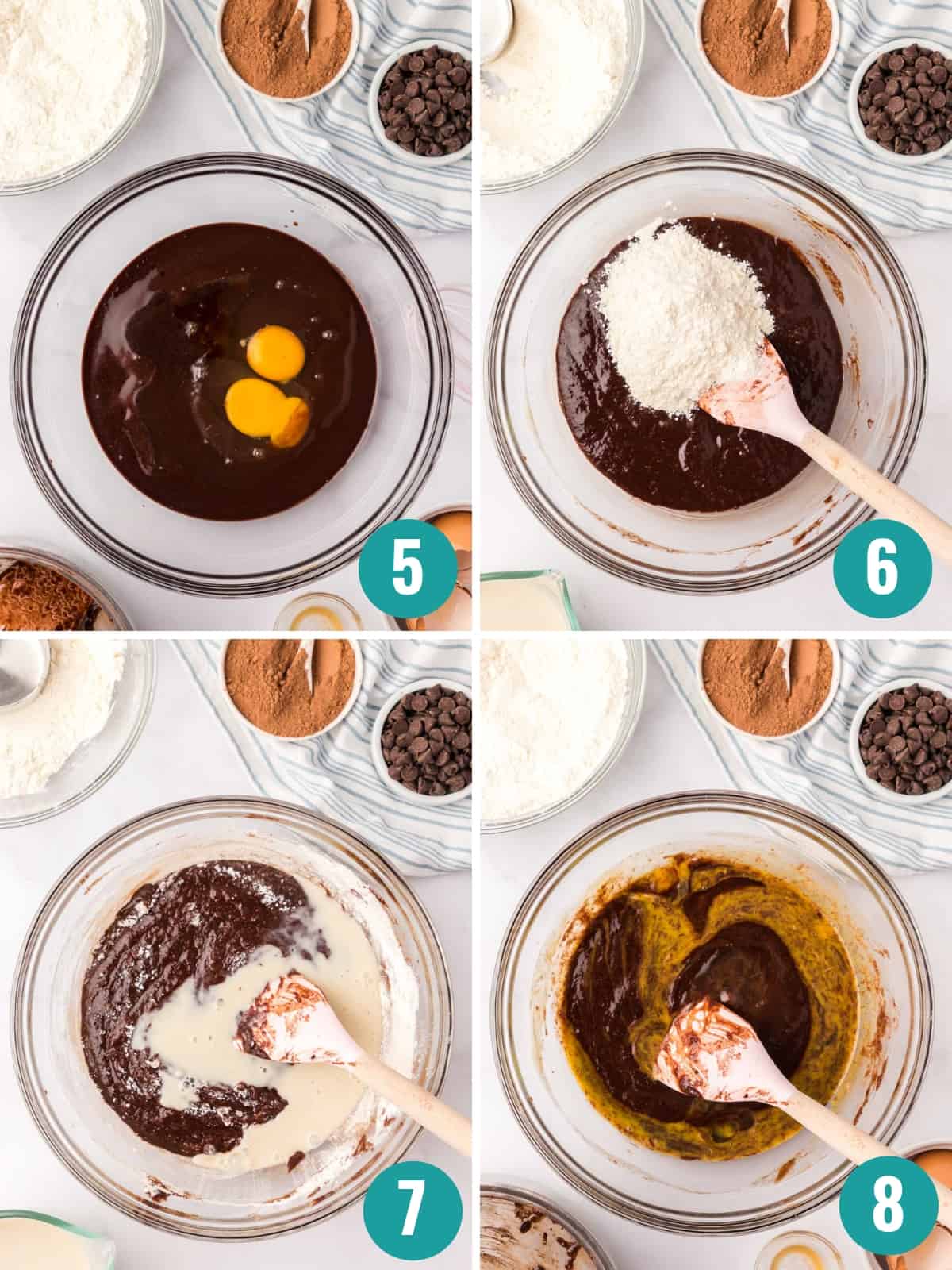 Step-by-step collage images show adding eggs to chocolate mixture, then adding flour and milk and stirring.