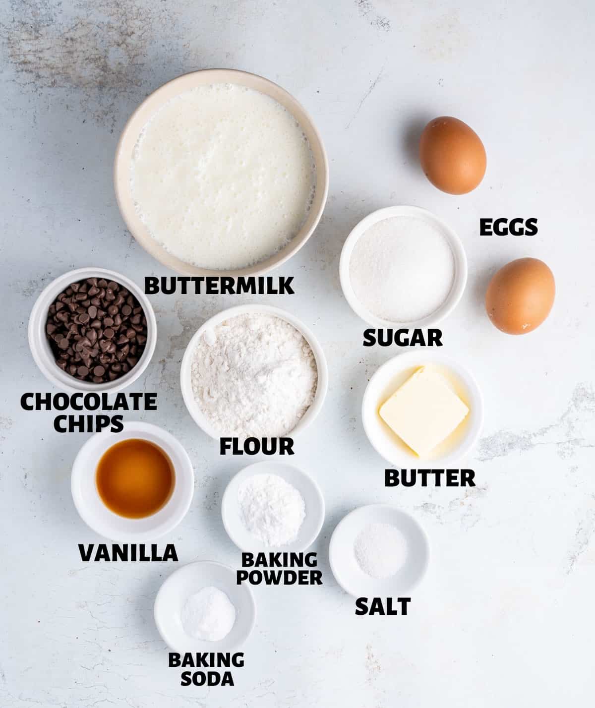 A labeled image of ingredients needed to make chocolate chip pancakes.