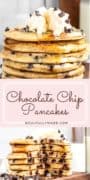 Pinterest image of a whole stack of pancakes, text, and a stack with a bite cut out of the pancakes.