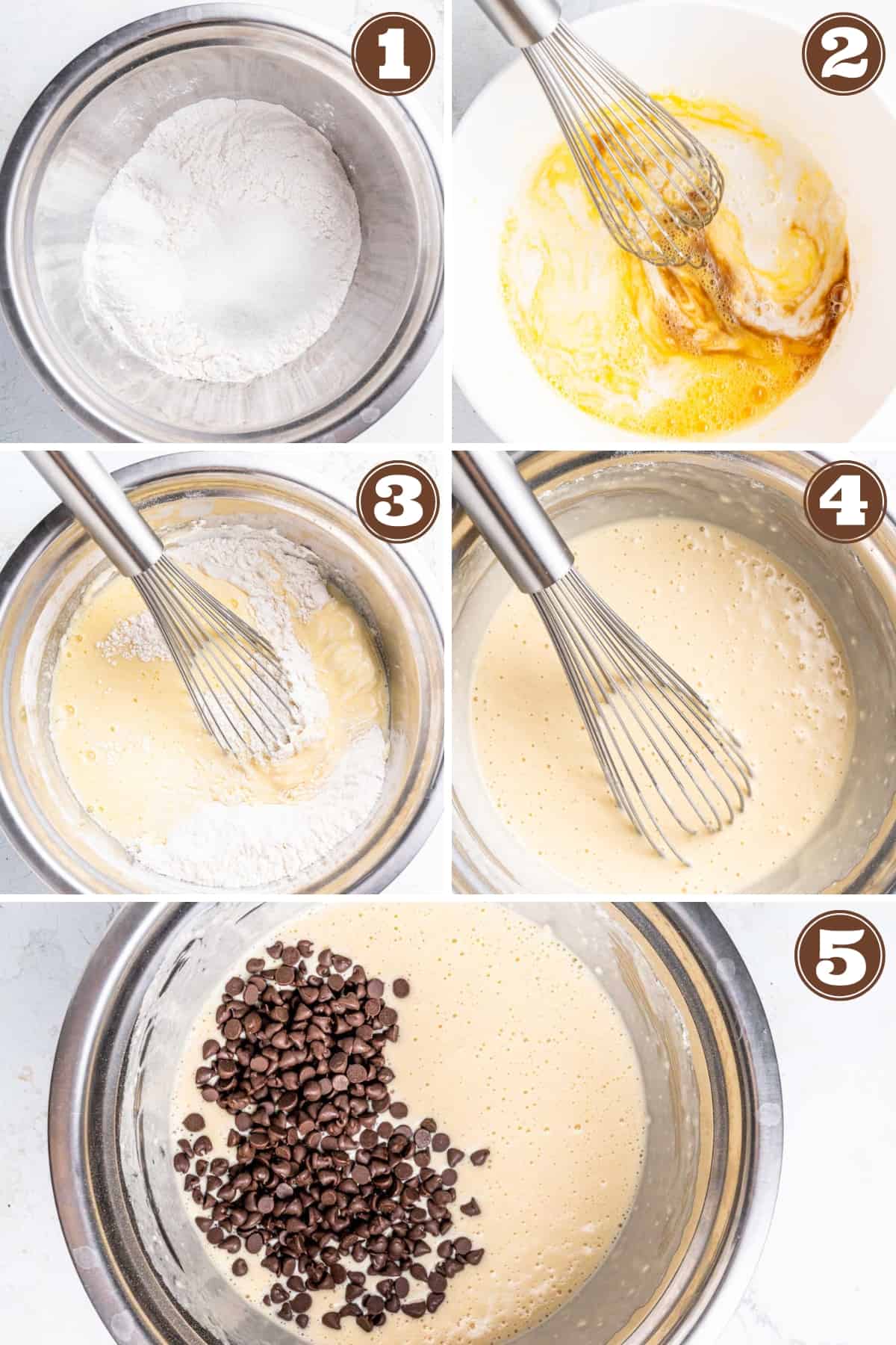 Numbered collage image showing steps to make chocolate chip pancake batter.