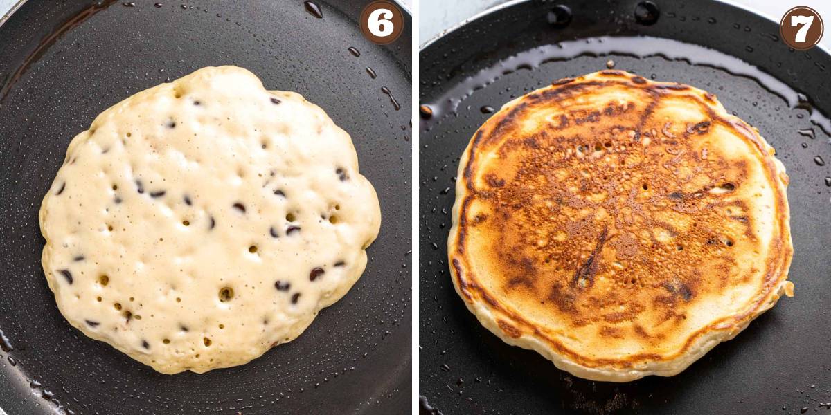Numbered collage image showing steps to cook chocolate chip pancake batter.