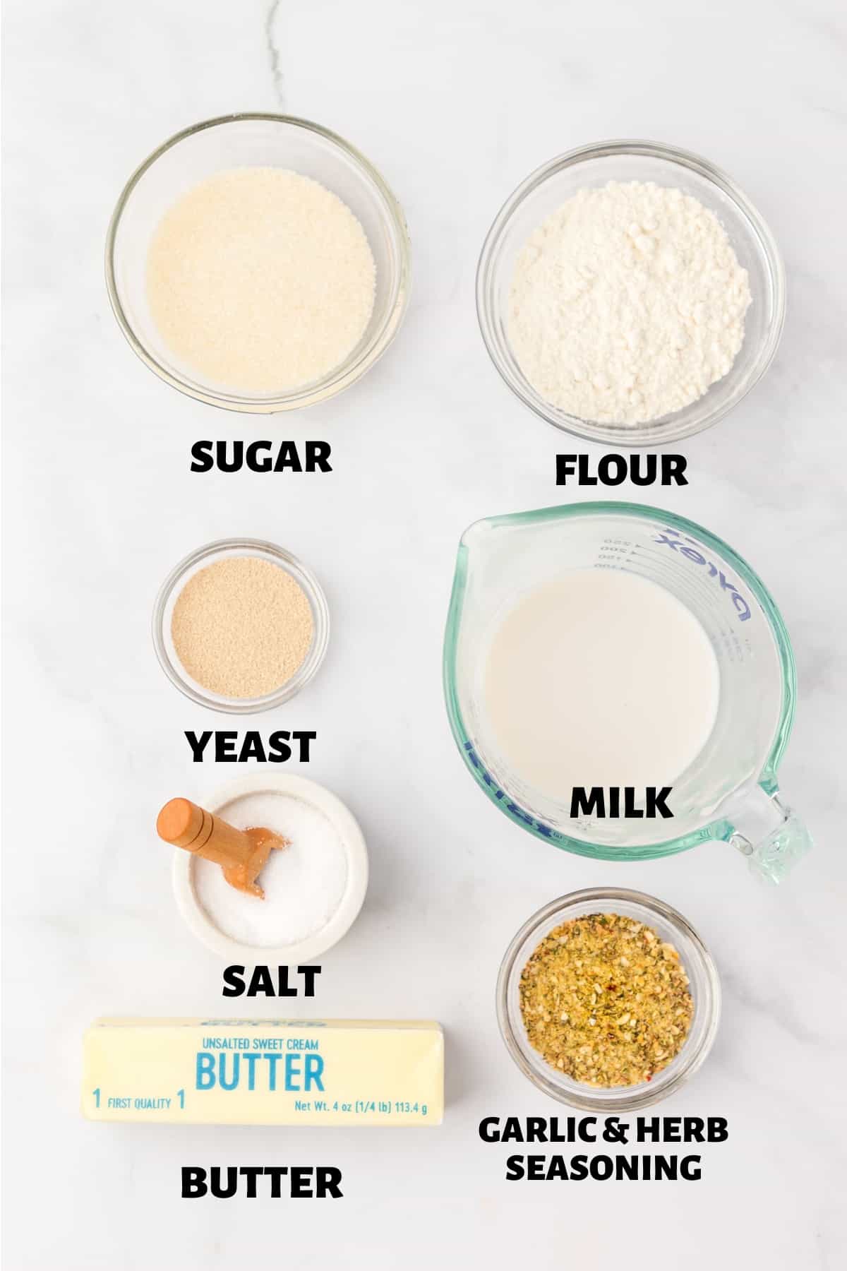 A labeled image of ingredients needed to make homemade dinner rolls.