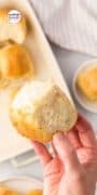 Homemade Dinner Rolls Recipe fpinterest pin, image only of a hand holding a roll.