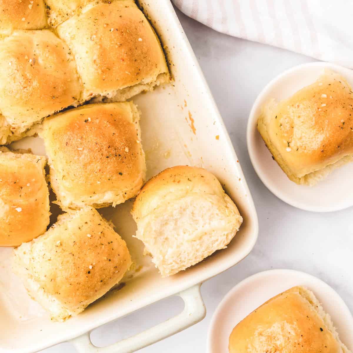 Dinner rolls in a baking dish.