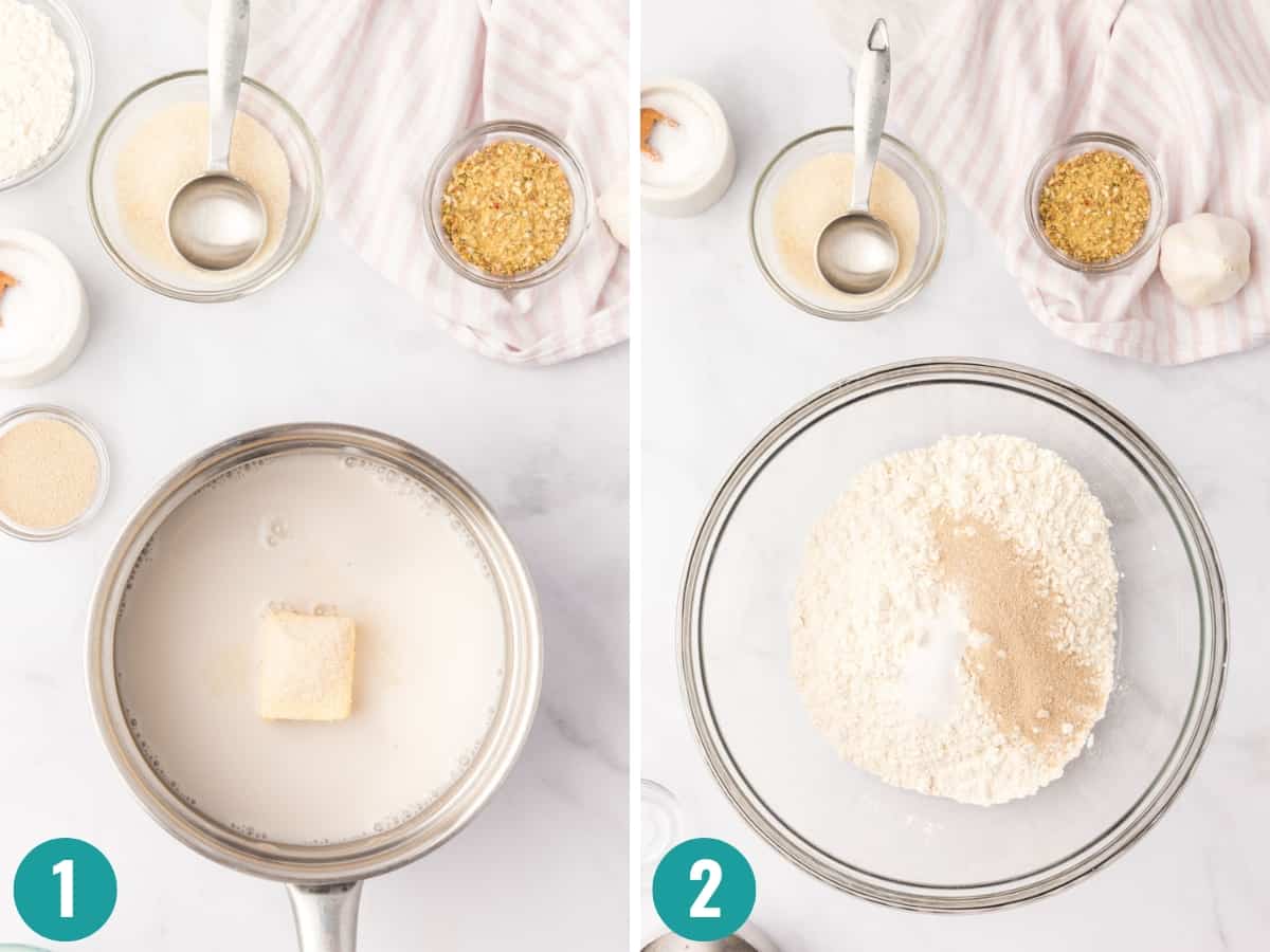 Step-by-step photo of making milk mixture and dry flour mixture.
