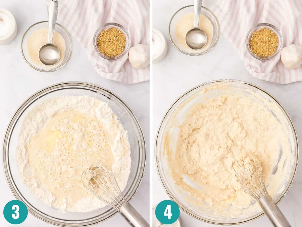 Step-by-step photo of making combining wet and dry ingredients.