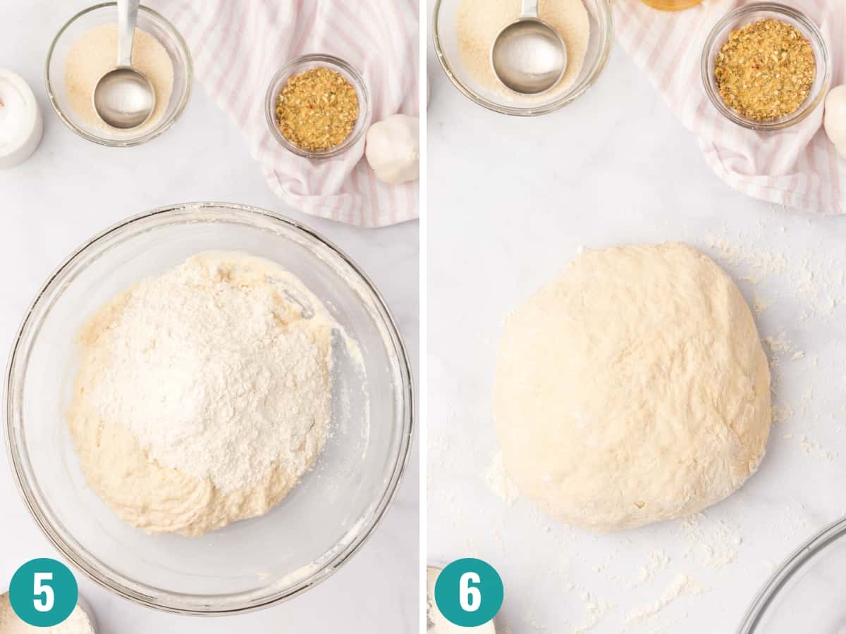 Step-by-step photo of adding the remaining flour and forming dough ball.