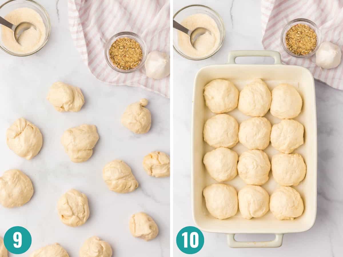 Step-by-step photo of cutting dough into 12 pieces, shaping into rolls and placing in the baking dish.