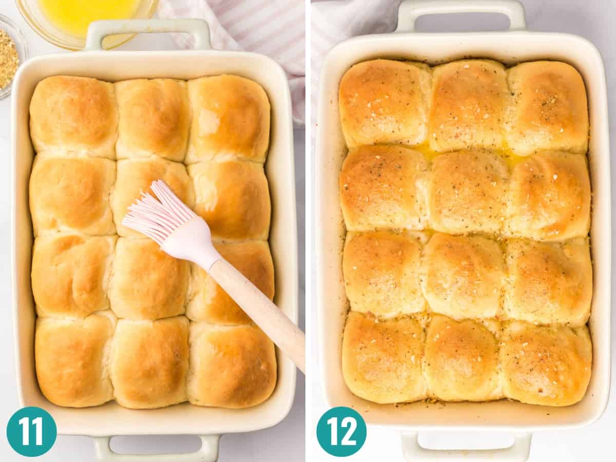 Step-by-step photo of buttering the rolls after baking and adding on garlic herb seasoning.