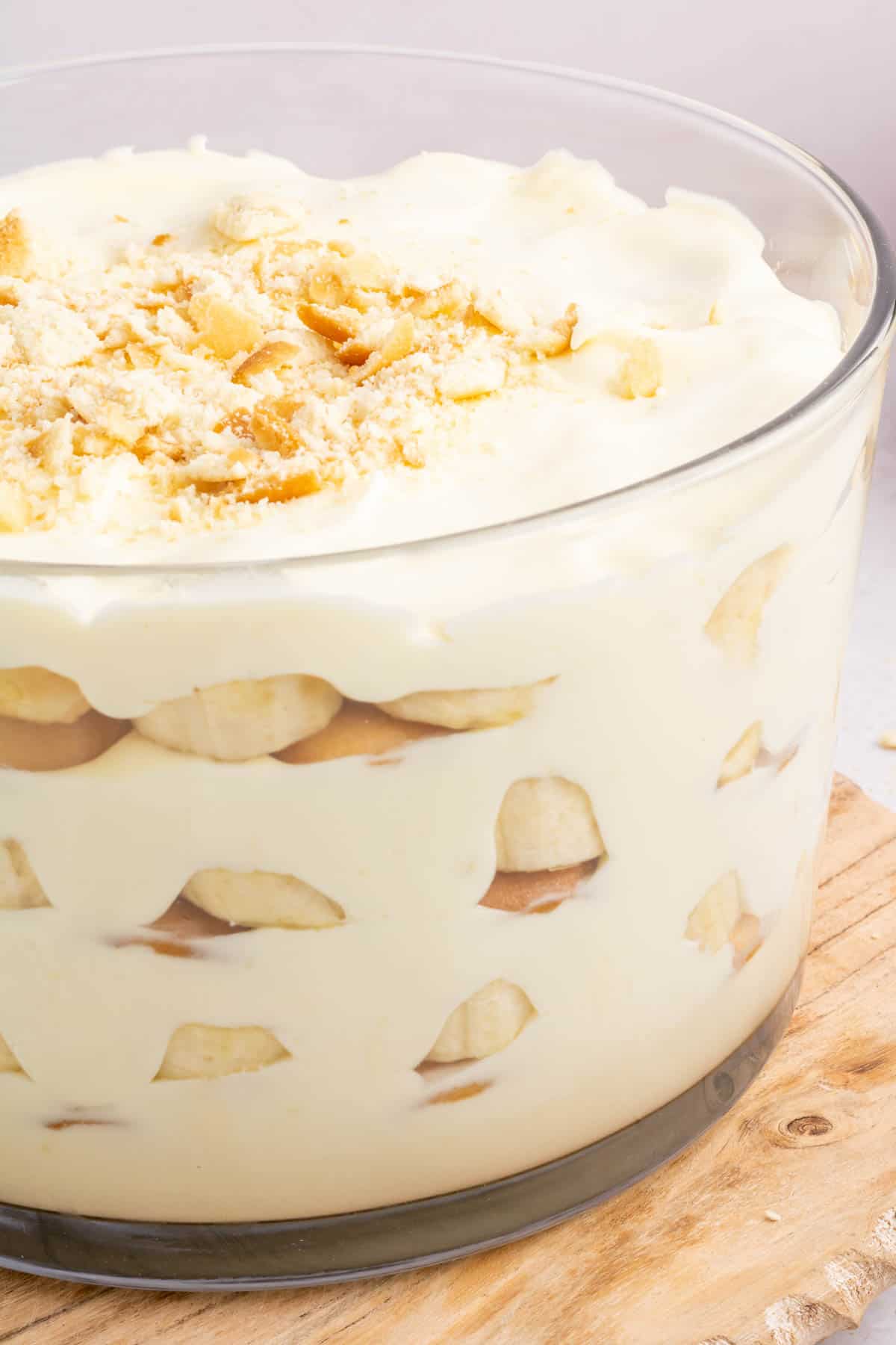 A trifle dish filled with Magnolia Banana Pudding.