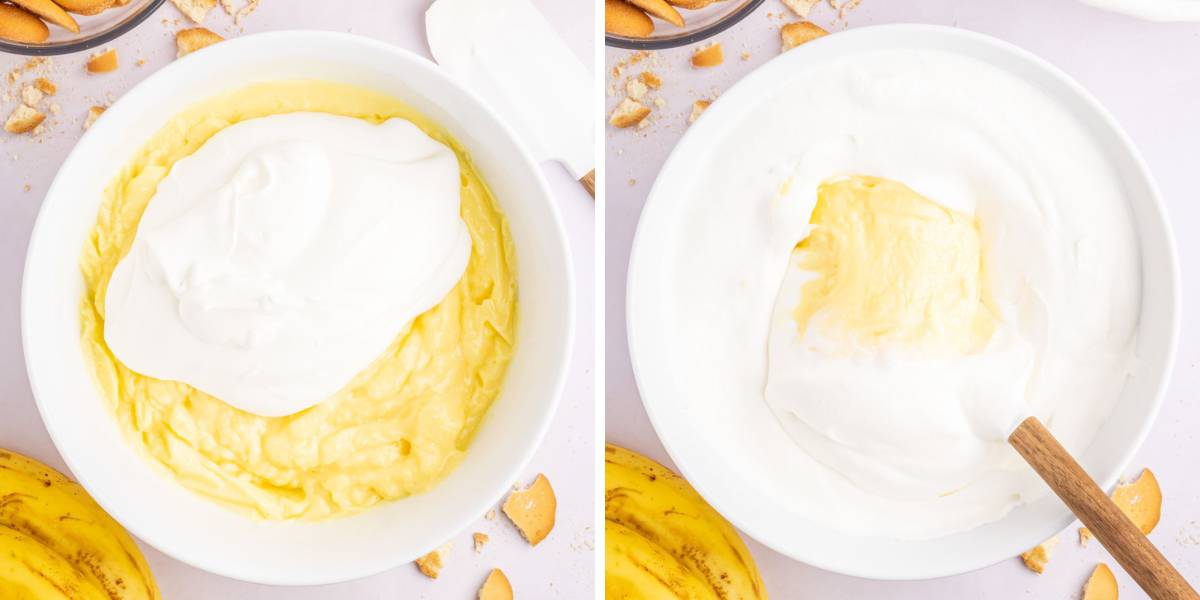 Collage image showing combining pudding mixture and folding it into whipped cream.
