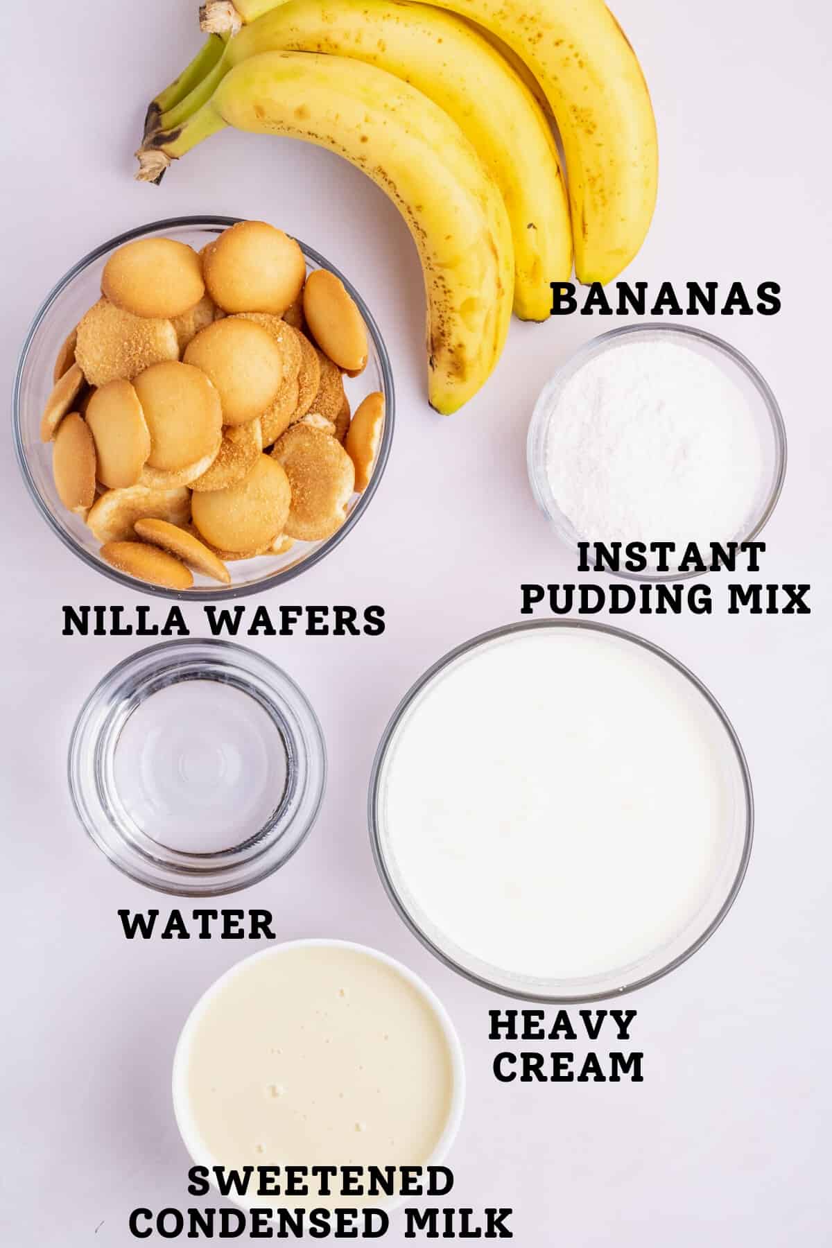 A labeled image of ingredients needed to make Magnolia Bakery Banana Pudding.