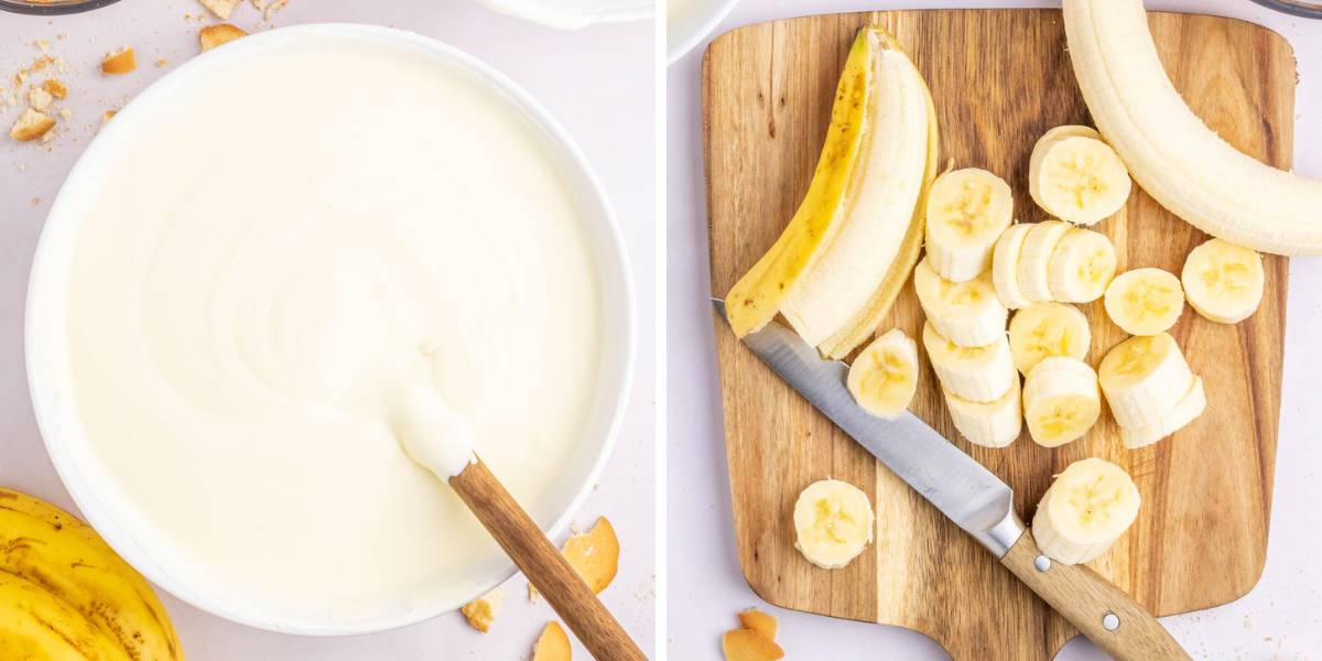 A collage image showing the chilled pudding and sliced bananas on a cutting board.
