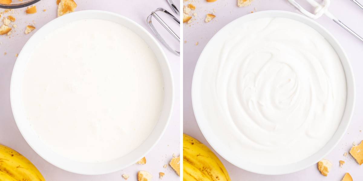 The collage image shows combining heavy cream in a bowl and then it whipped into whipped cream.