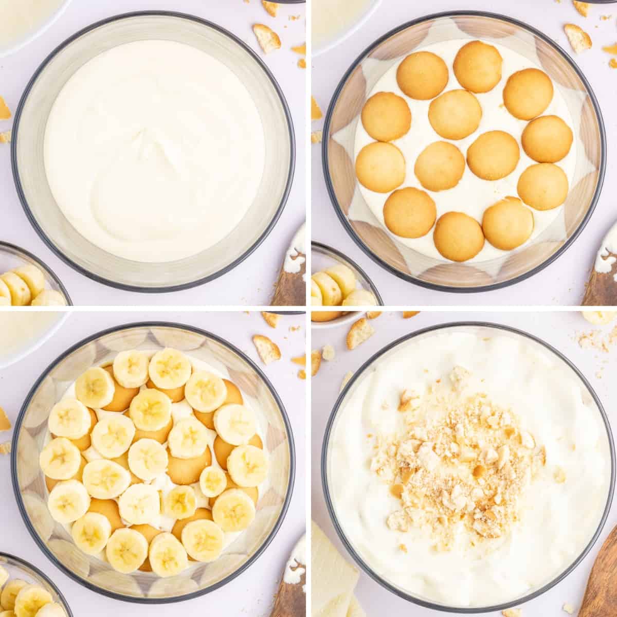 A collage image showing step-by-step layering of Magnolia Bakery Pudding Recipe; Adding a layer of pudding, layer vanilla wafers, layer sliced bananas, then repeat 2 more times and top with crushed cookies.