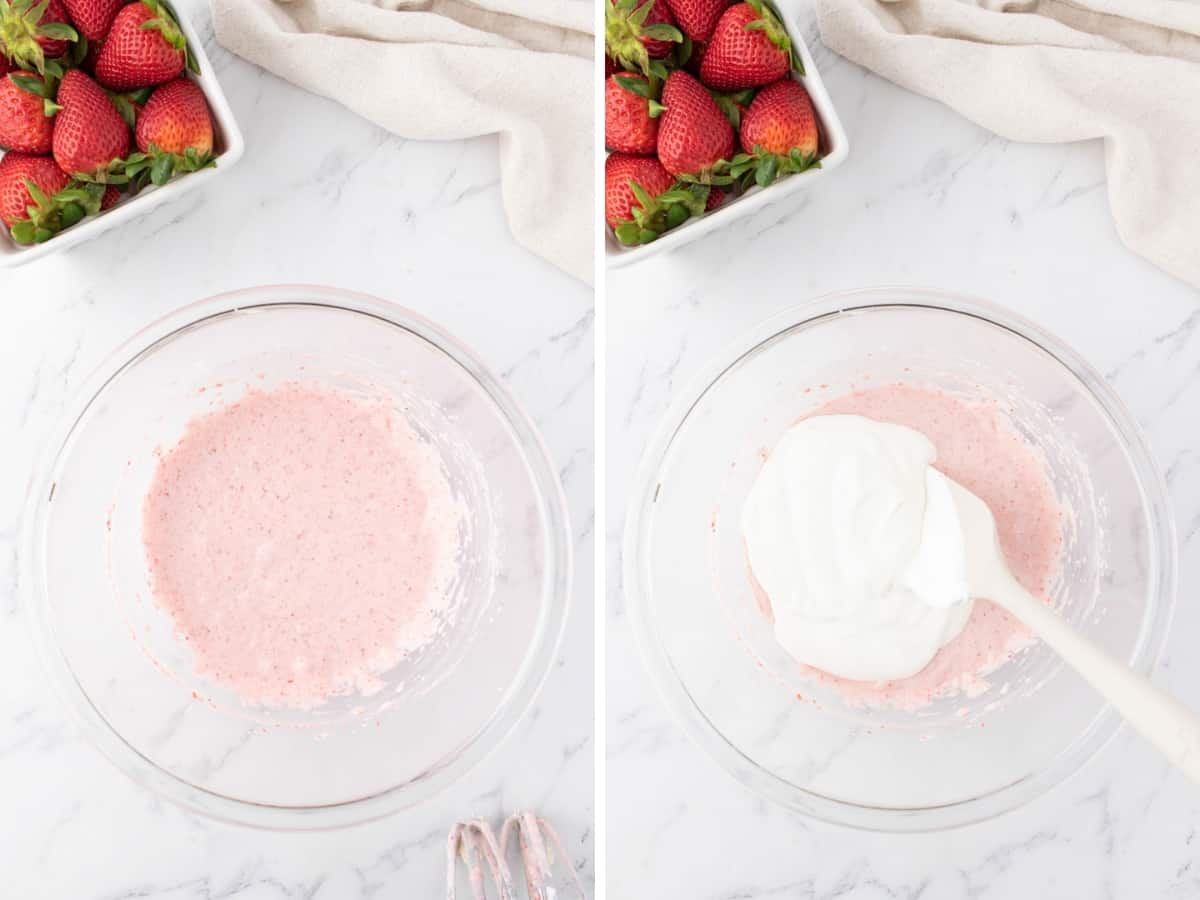 Collage image of a bowl of strawberry cream cheese filling and a bowl of cool whip poured into it.