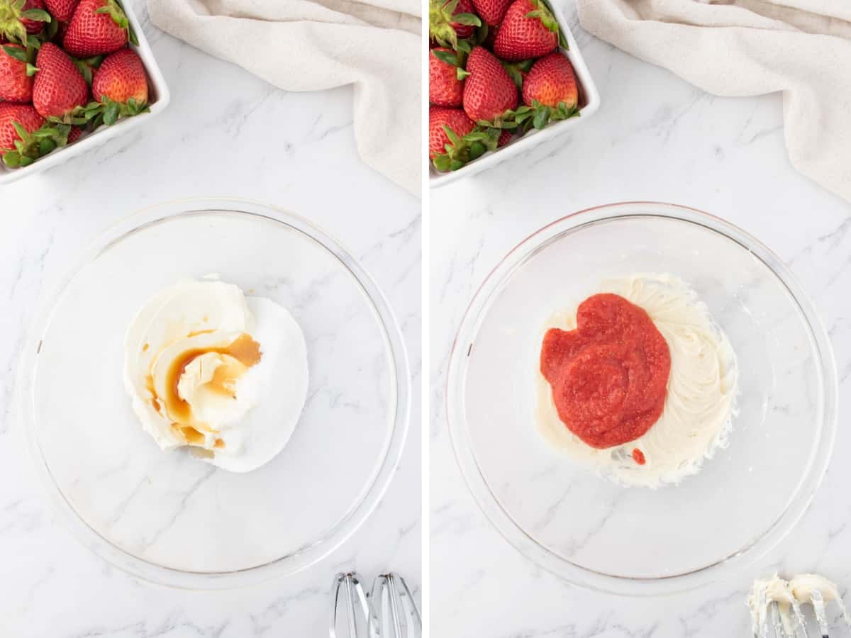 Collage image of a bowl of cream cheese filling with vanilla and a bowl mixed with puree poured into in.