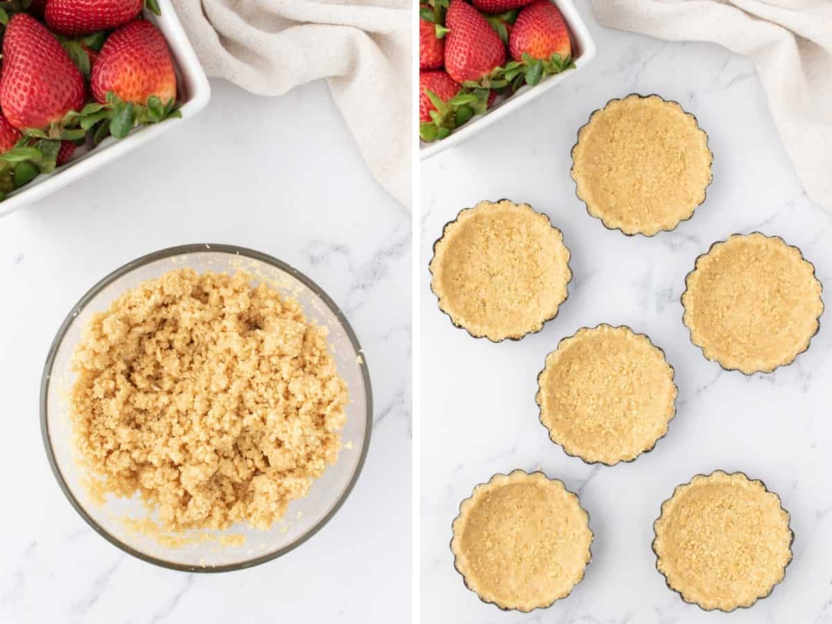 Collage image of a bowl of cookie crumbs mixed with butter and then the crumbs pressed six into tartlet shells.