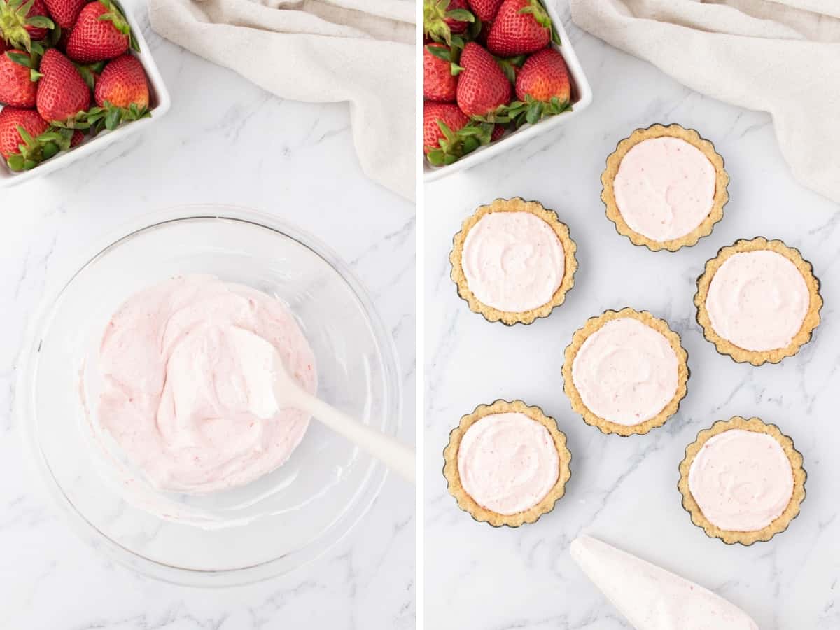 Collage image of a bowl of strawberry cheesecake filling and filling being placed in tartlet shells.