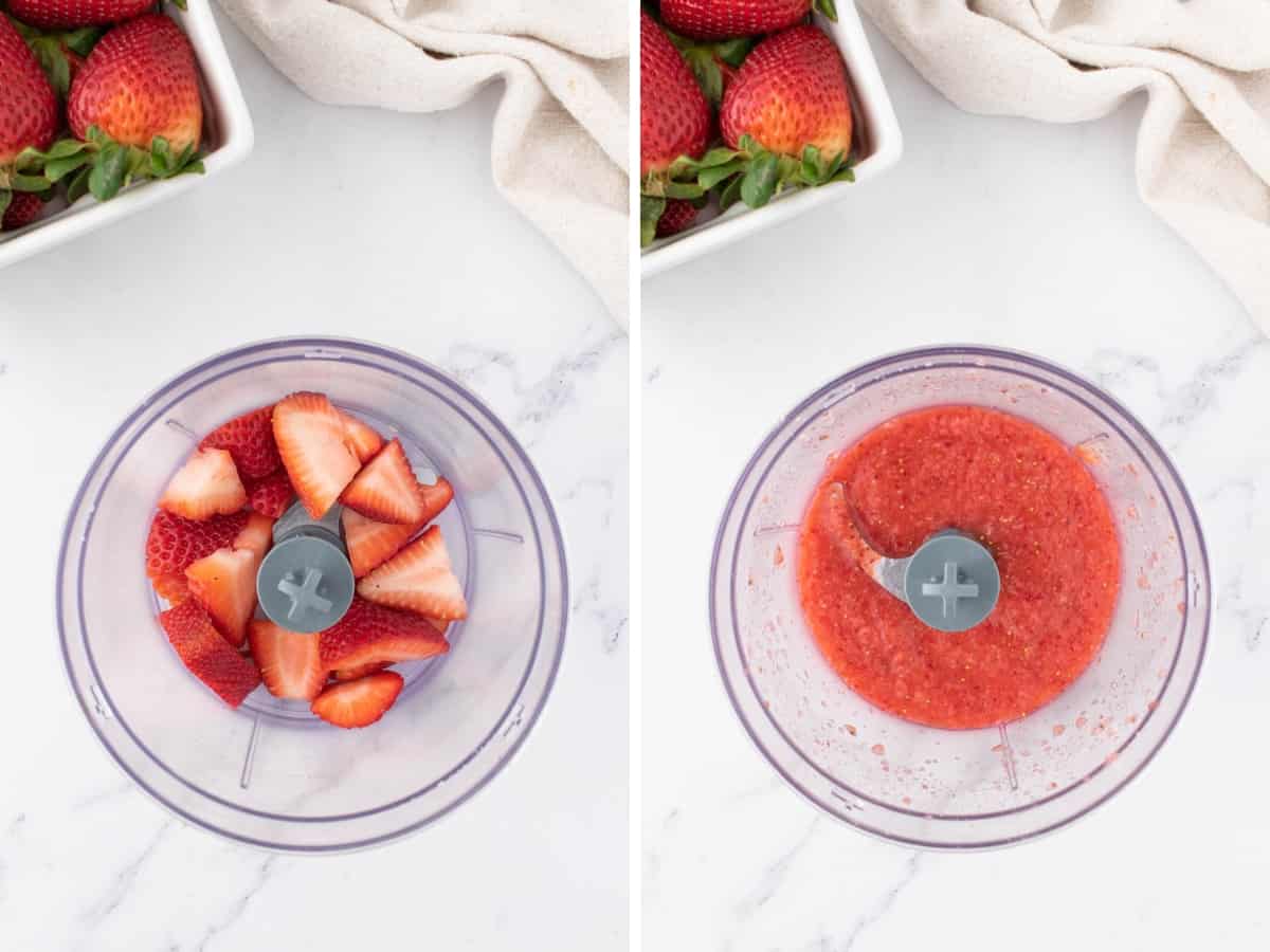 Collage image of strawberries in a food processor and after being processed into a puree.