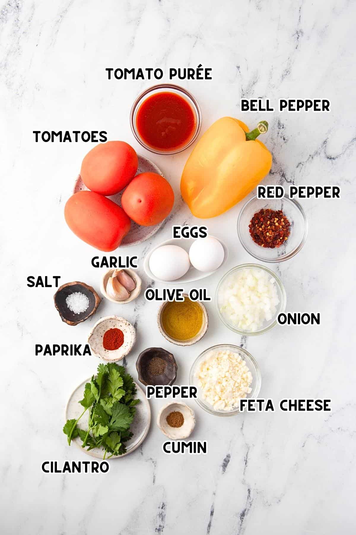 A labeled image with ingredients needed to make Shakshuka is displayed on a marble table.