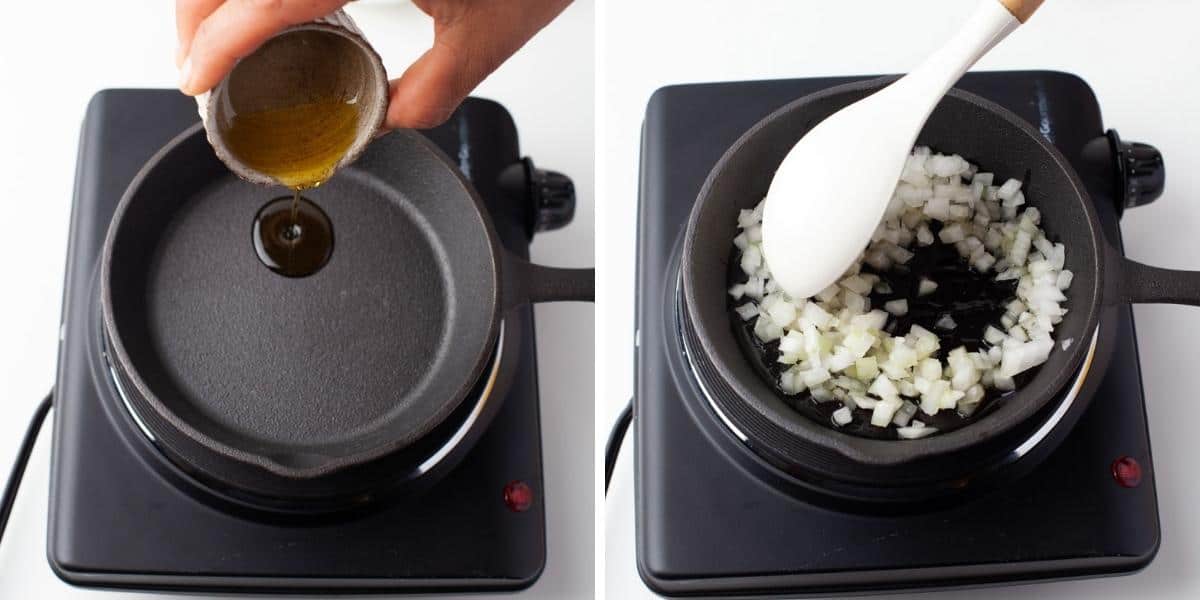 Collage image showing olive oil added to a hot cast iron skillet and then diced onions added in.