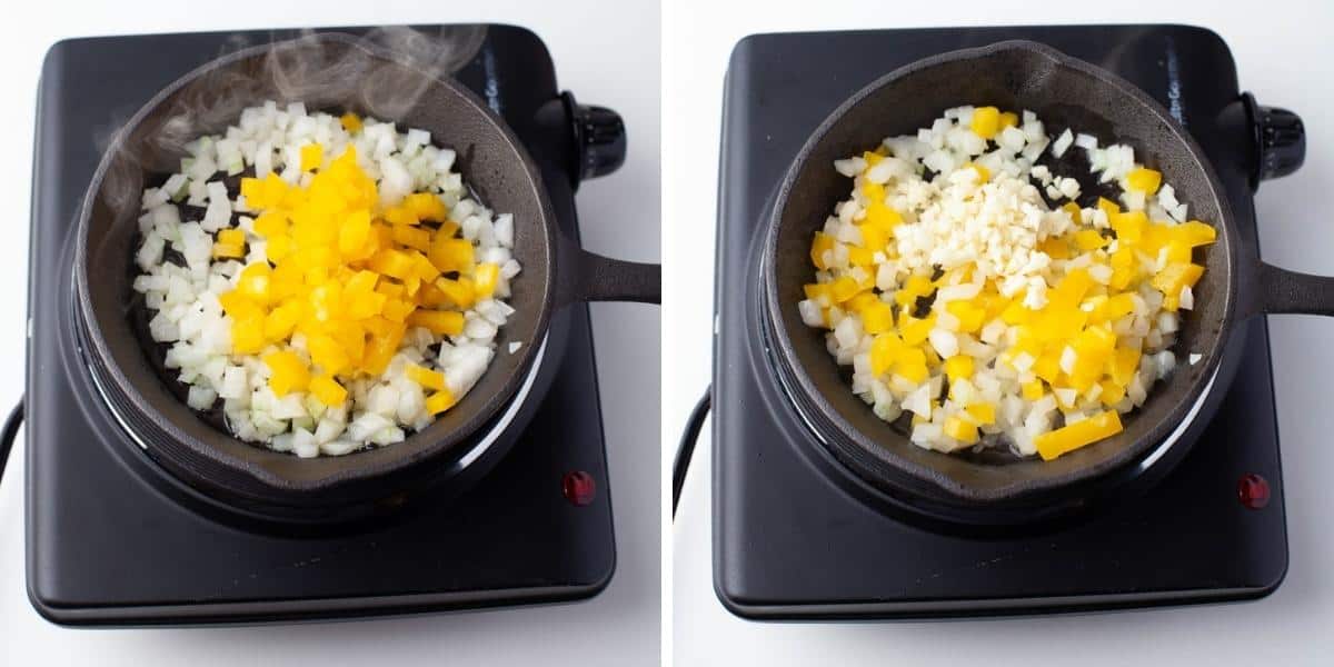 Collage image showing onions a yellow bell peppers cooking in a cast iron skillet and garlic added to the mixture.