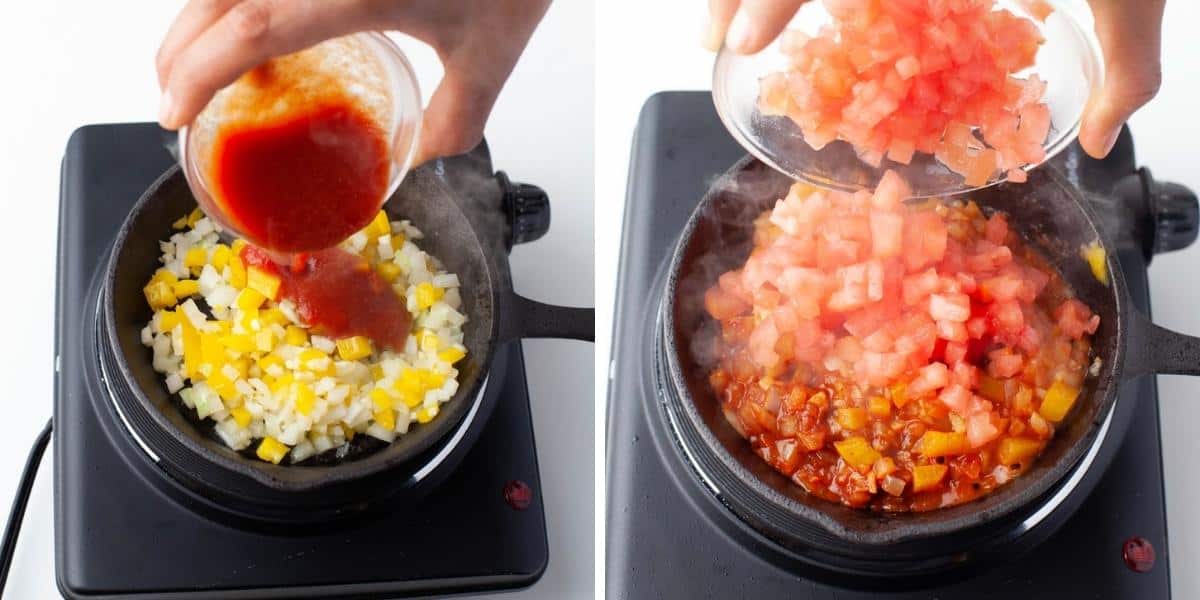 Collage image showing tomato puree being added to a pepper and onion mixture then fresh diced tomatoes being added.
