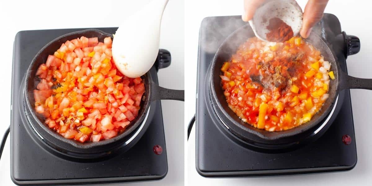 Collage image with cast iron pan cooking a tomato mixture and then spices being added in.