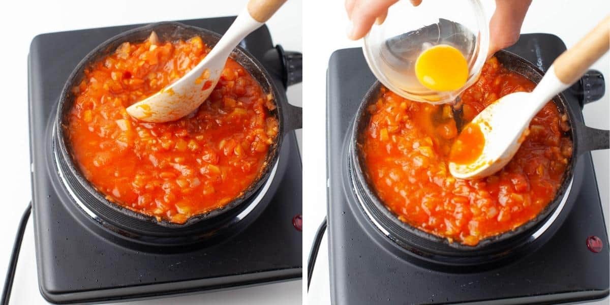 Collage image with a cooked tomato sauce and then an egg being added into the sauce.