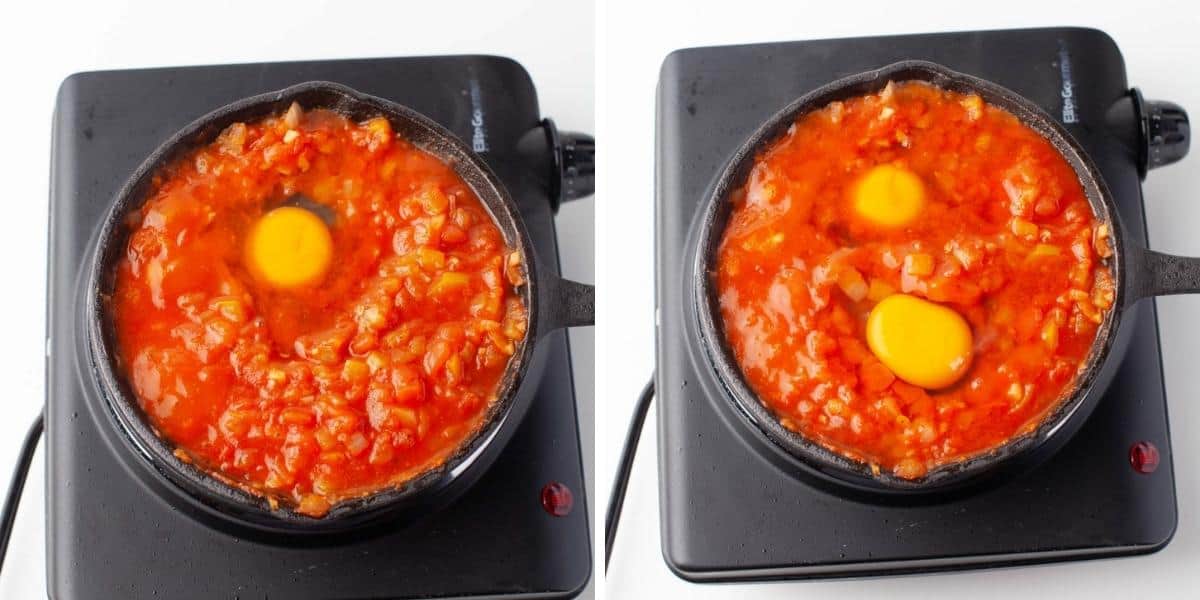 Collage image with cooked tomatoes shakshuka with one egg and the next with two eggs.