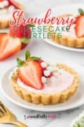 A beautiful image of mini strawberry tartlets on a white plate with a blue background, garnished with strawberries and baby breath.