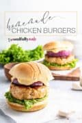 Chicken Burger Pin 1 image of 2 burgers on white plates with lettuce, red onion a, sauce and a bun.