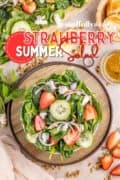 Strawberry Summer Salad pin2 Pinterest image on a wood trivet.
