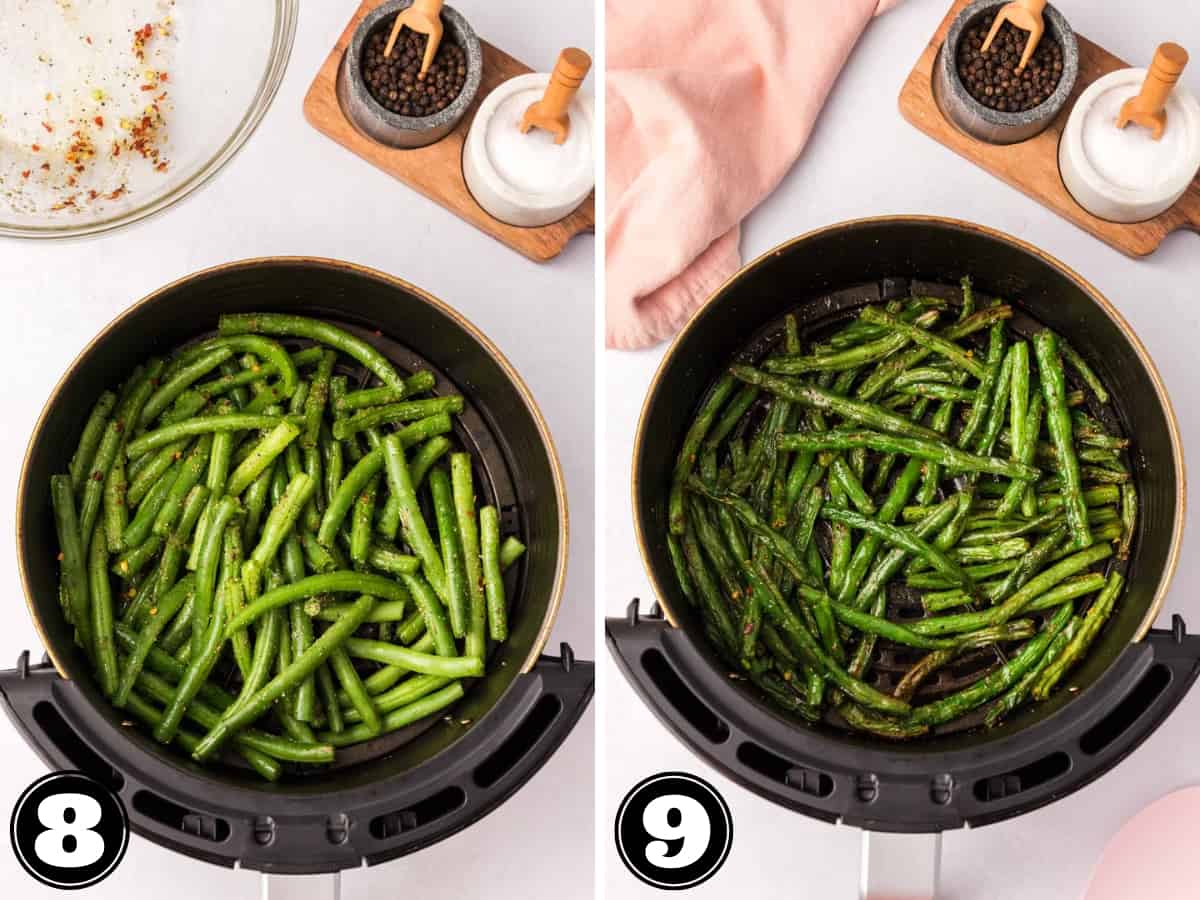 The collage image shows greens beans in the air fryer and then after being cooked.