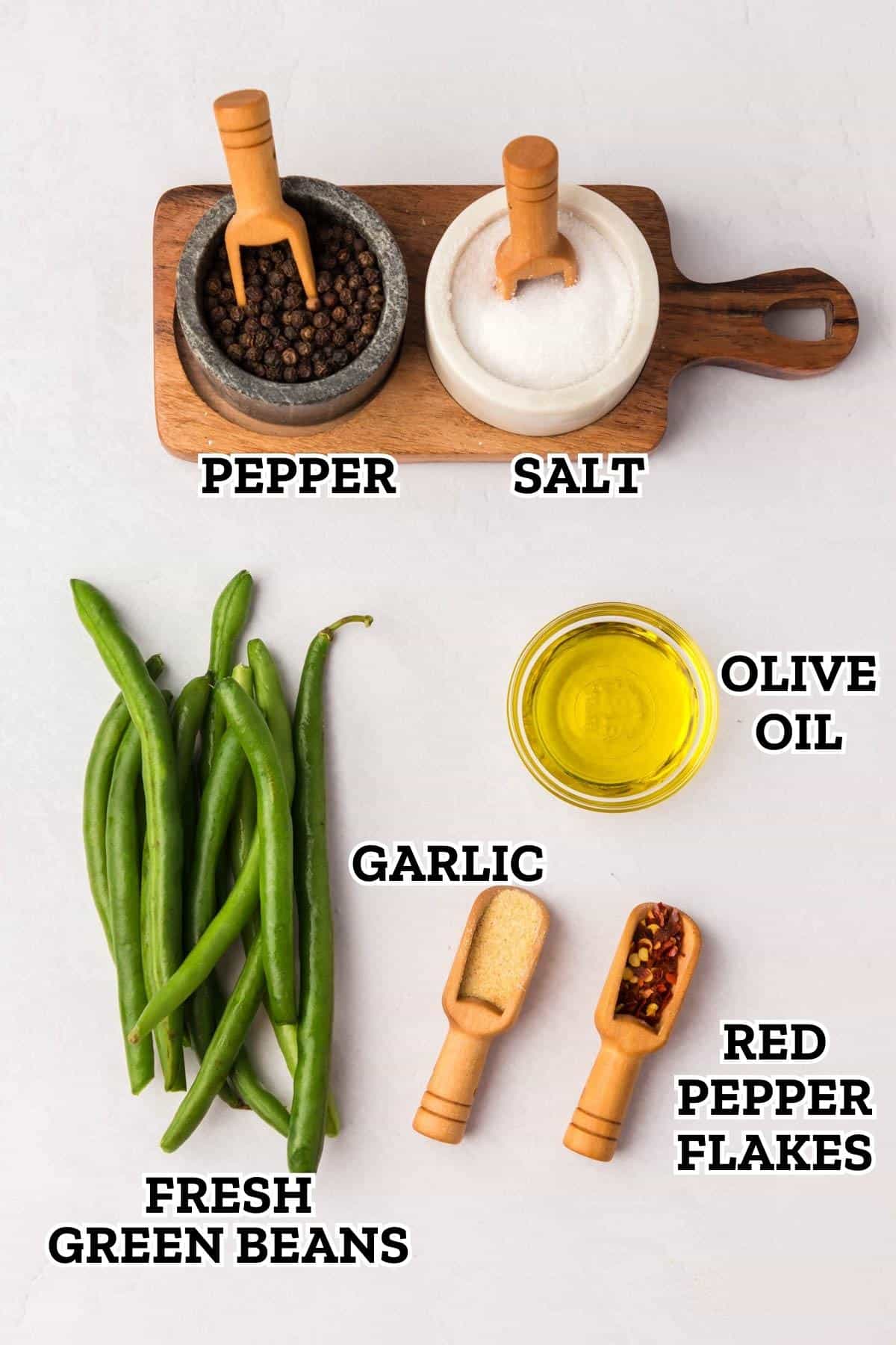 A labeled image of ingredients needed for air fryer green beans.