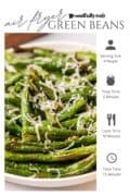 Air fryer green beans with shaved parmesand on a white plate- image for pinterest.