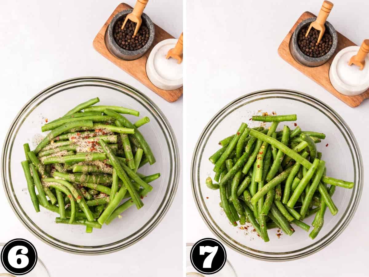 The collage image shows spices sprinkled over green beans and then the beans tossed with the seasonings.