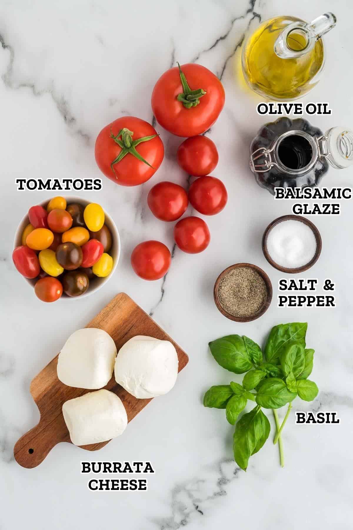 A labeled image of ingredients needed to make burrata caprese salad.