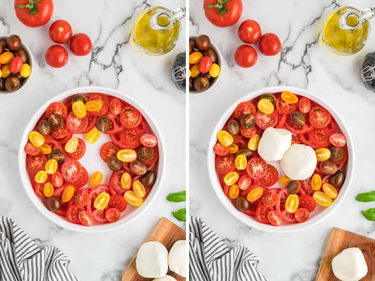 Collage images showing sliced tomatoes added to the serving bowl and then burrata cheese added.