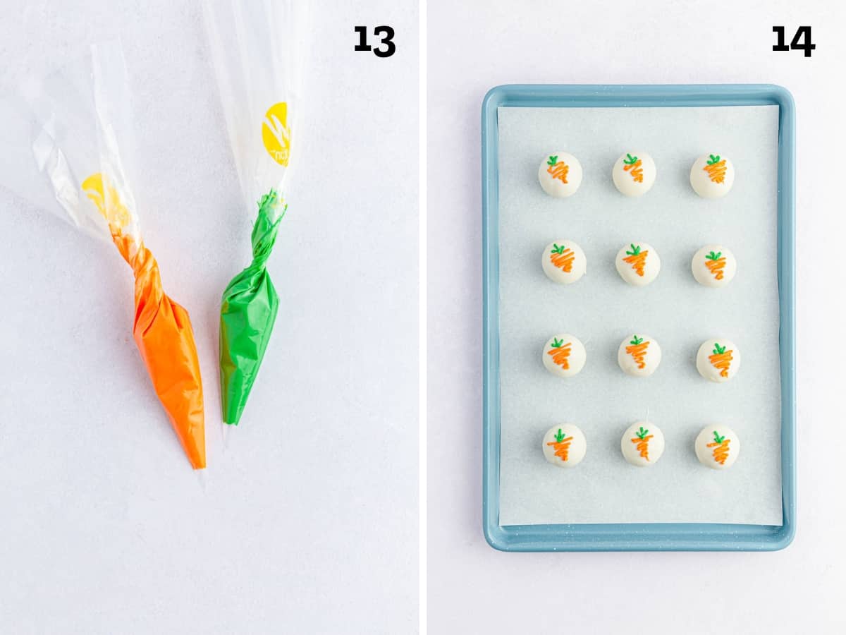 Collage image 13 is of 2 piping bags filled one filled with orange melted chocolate and the other with green melted chocolate, then image 14 is of the baking sheet of carrot cake balls decorated like carrots.