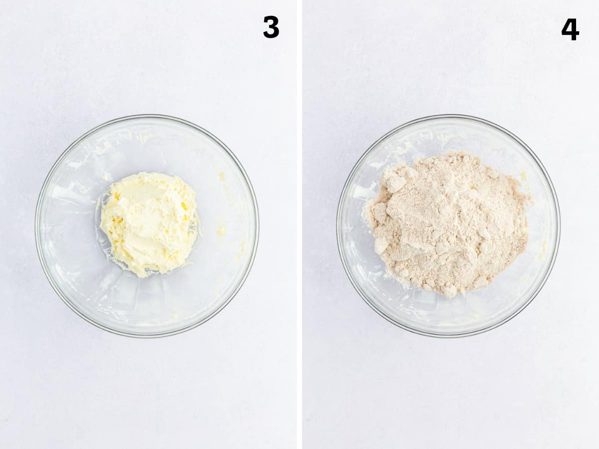 Image 3 is of a bowl of cream cheese mixed and image 4 is of cake mix added to the cream cheese mixture.