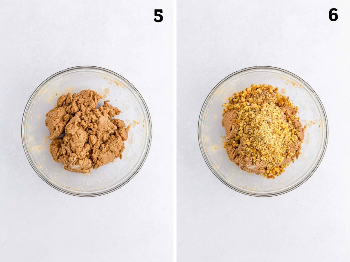 Image 5 is of cake mix combined with cream cheese and image 6 is of mixture with walnuts added to the top.