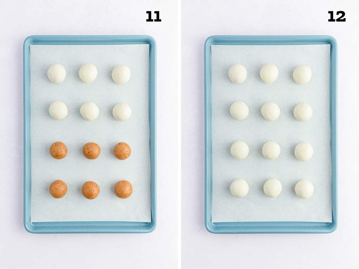 Image 11 is of a baking sheet with half of the cake balls dipped in white chocolate, and image 12 is of the all dipped.
