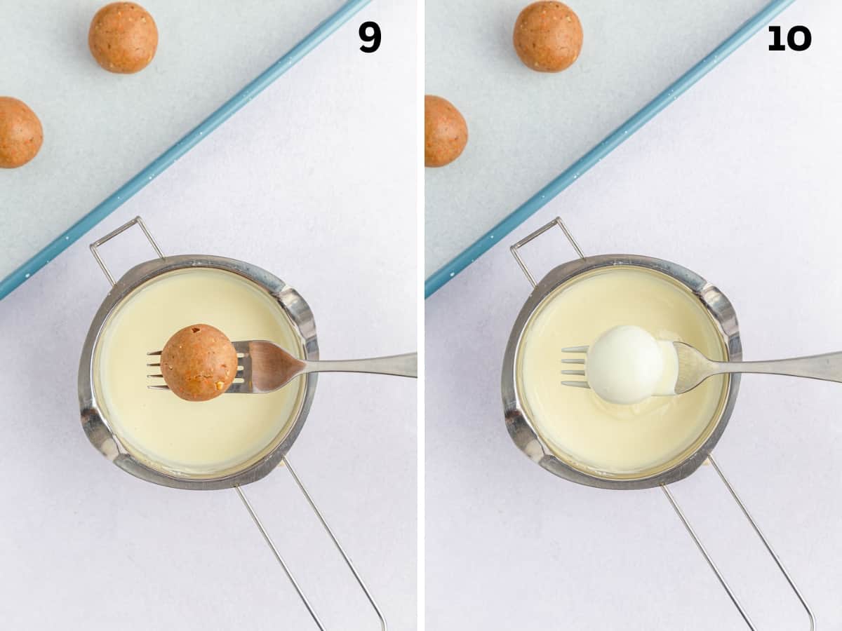 Image 9 a bowl of melted vanilla chocolate with a fork holding carrot cake ball, and image 10 after being dipped.