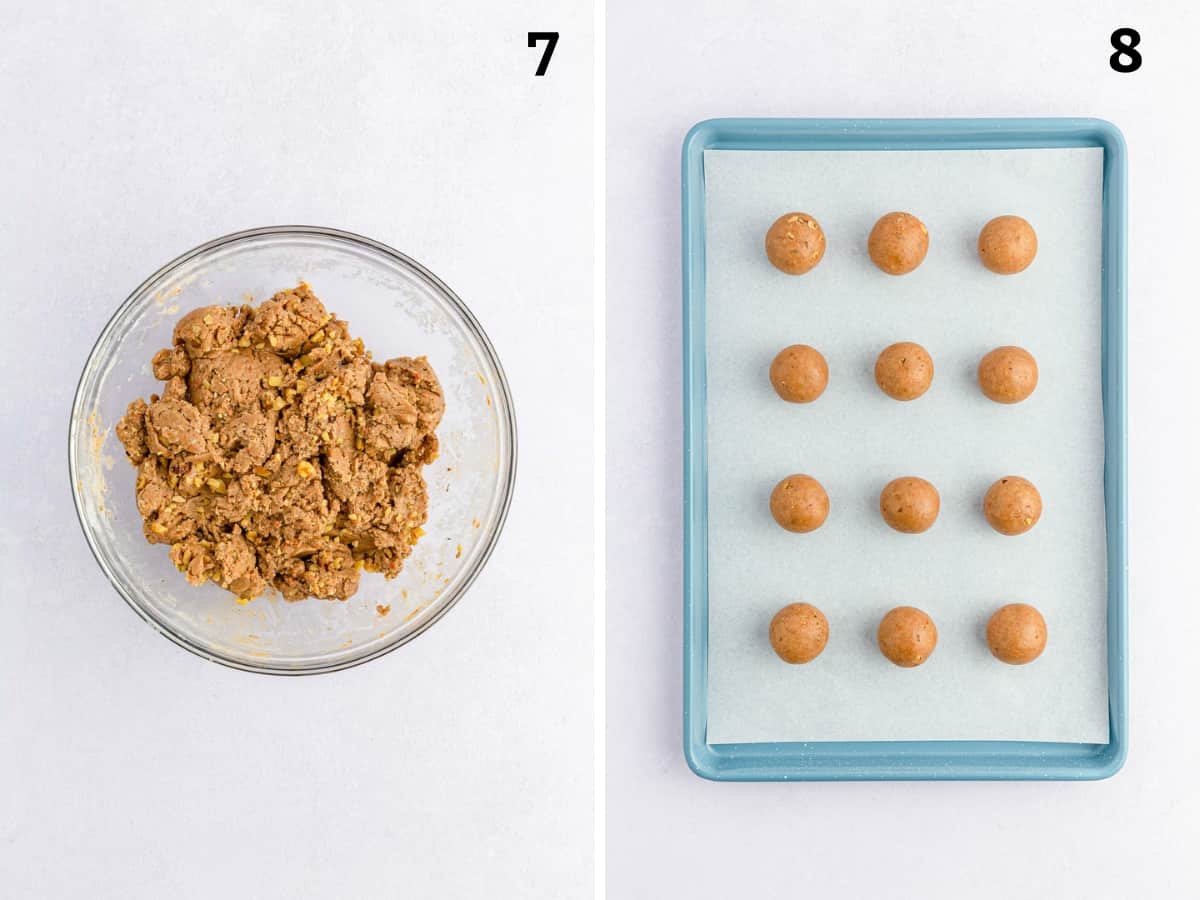 Image 7 a bowl of the cake mix dough and image 8 of a baking sheet with the dough rolled into balls.