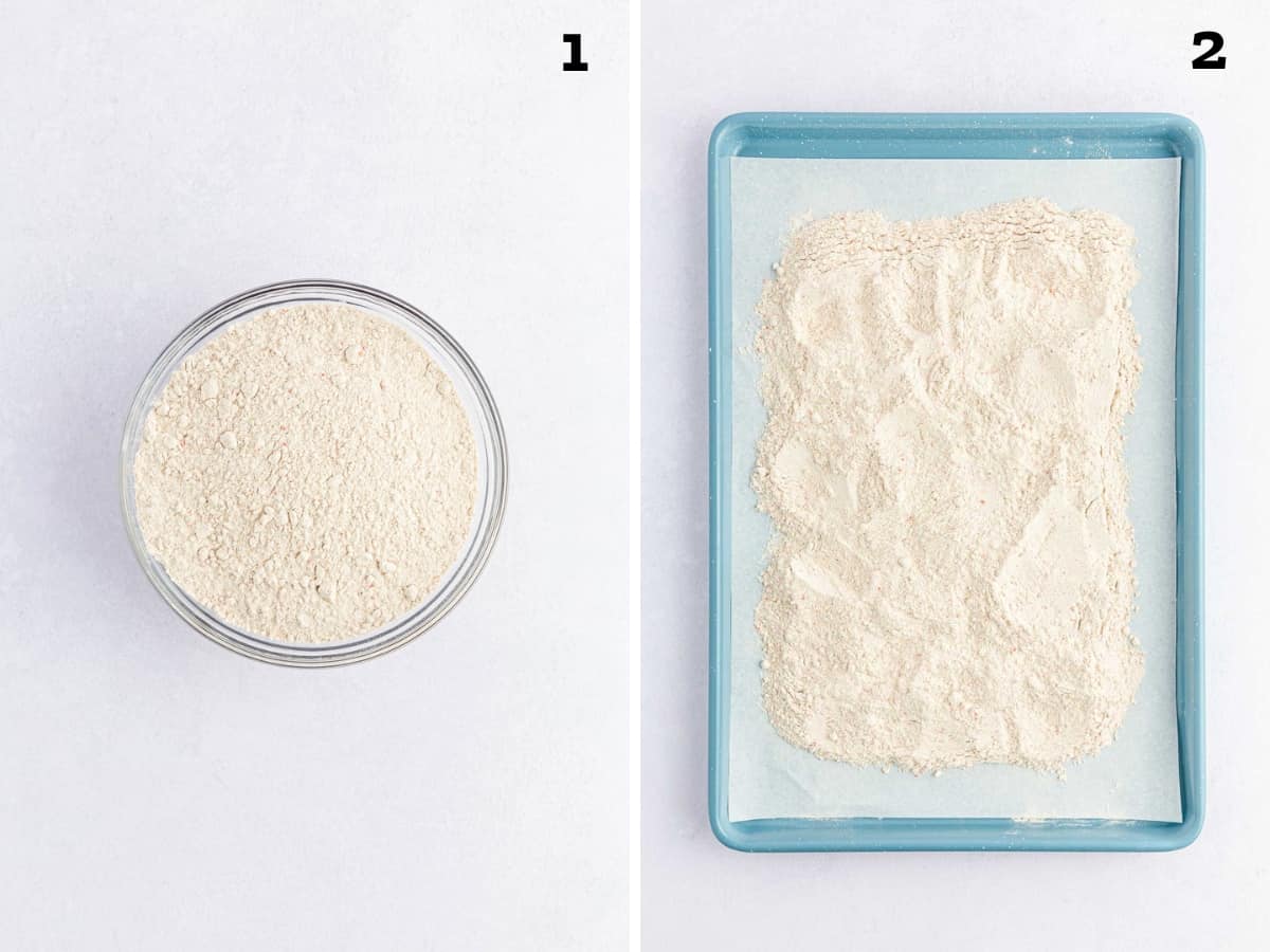 Image 1 a bowl of carrot cake mix, image 2 a baking sheet with mix spread out after being baked to cook flour in mix.