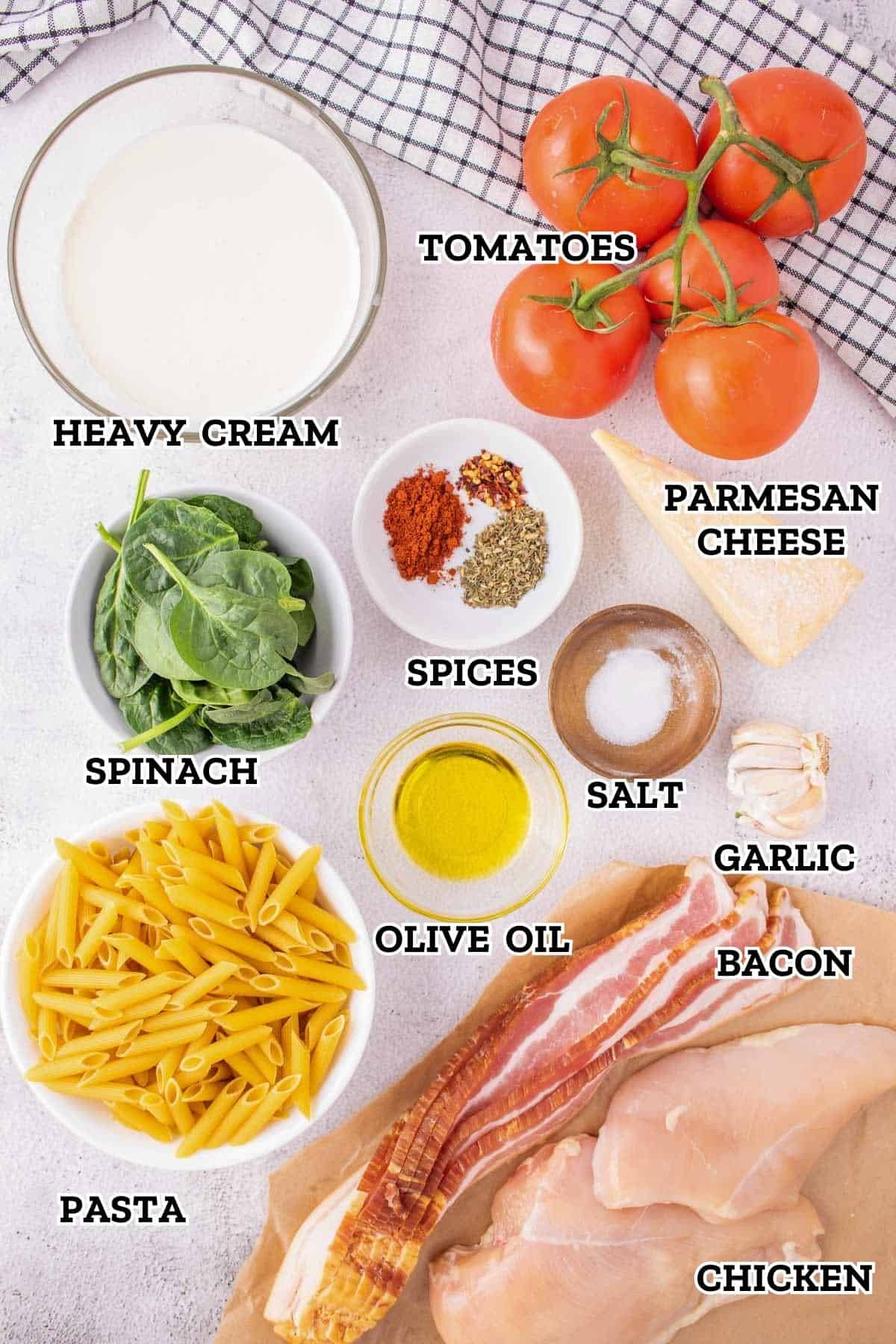 A labeled image of ingredients needed for chicken and bacon pasta with spinach and tomatoes